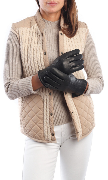 ПЕРЧАТКИ ЖЕНСКИЕ КОЖА ОЛЕНЯ / НАТУРАЛЬНЫЙ МЕХ ЧЕРНЫЙ ВОЛНА МЕРЕЖКА