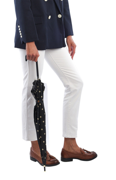 ЗОНТ ЖЕНСКИЙ ТРОСТЬ ЧЕРНЫЙ В ГОРОХ МЕХАНИКА 8 СПИЦ