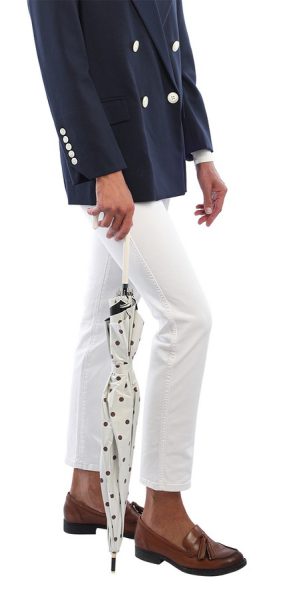 ЗОНТ ЖЕНСКИЙ ТРОСТЬ БЕЛЫЙ В КОРИЧНЕВЫЙ ГОРОХ МЕХАНИКА 8 СПИЦ