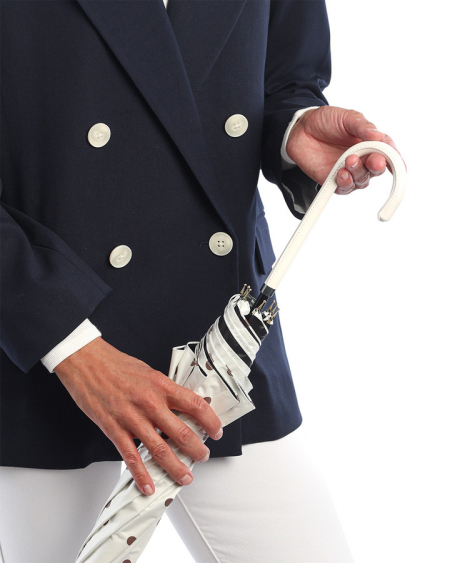 ЗОНТ ЖЕНСКИЙ ТРОСТЬ БЕЛЫЙ В КОРИЧНЕВЫЙ ГОРОХ МЕХАНИКА 8 СПИЦ