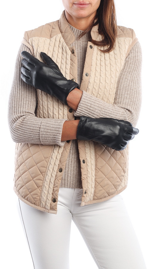 перчатки женские черные кожа ягненка/шерсть гладкие косичка на манжете