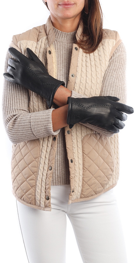 перчатки женские кожа оленя / натуральный мех черный волна мережка