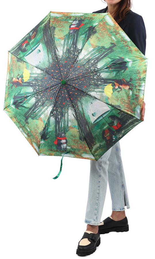 зонт женский автомат коты собаки осень лес зеленый 8 спиц антиветер