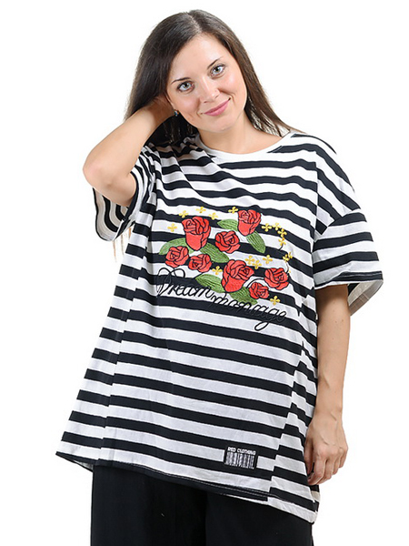 футболка в полосу с вышивкой 100% хлопок корея