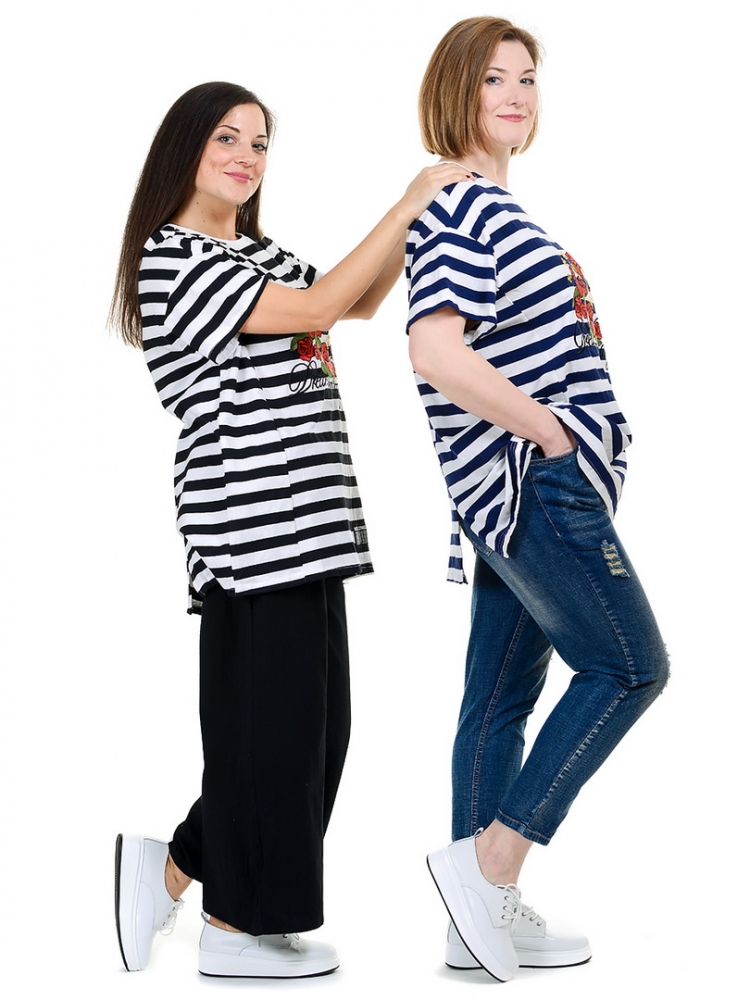 футболка в полосу с вышивкой 100% хлопок корея