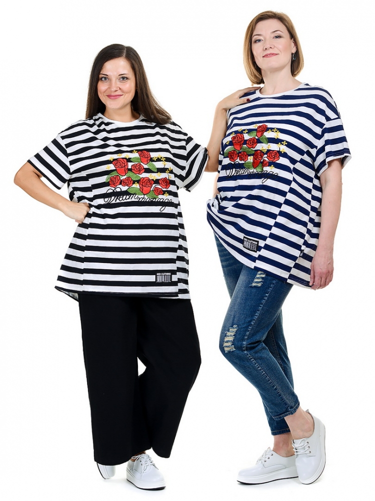 футболка в полосу с вышивкой 100% хлопок корея