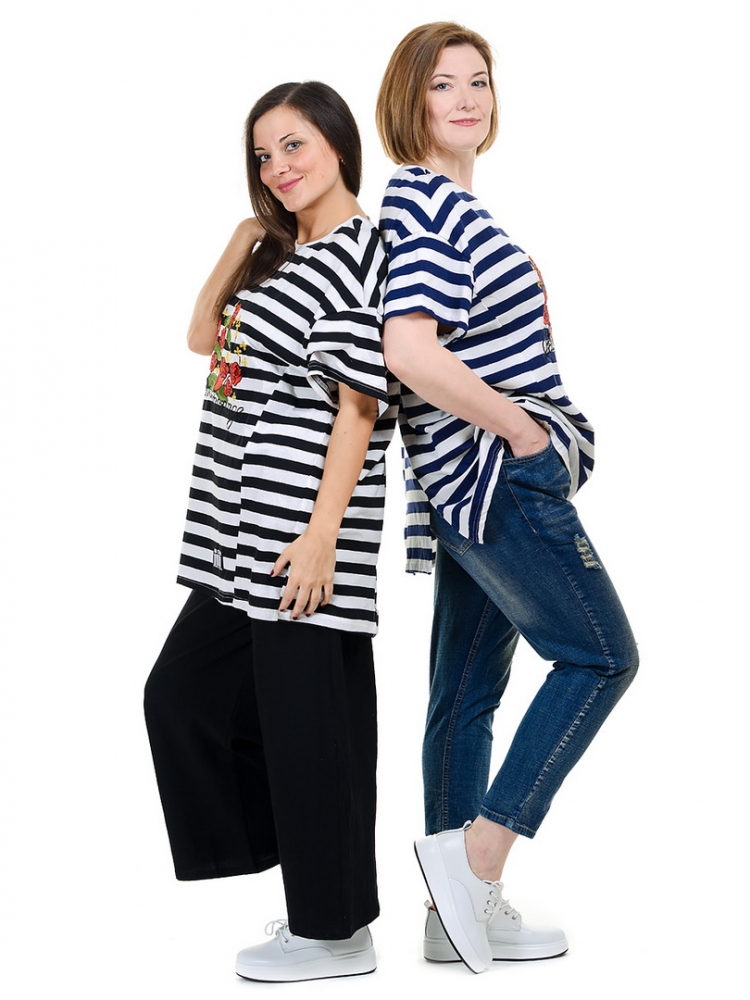 футболка в полосу с вышивкой 100% хлопок корея