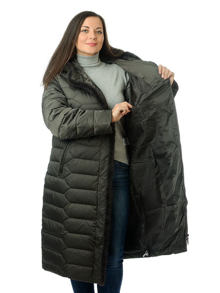 женское пальто большой размер на холлофайбере / мех норка