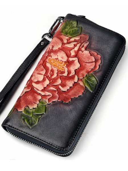 женский кошелек натуральная кожа с тиснением хризантема  корея