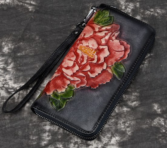 женский кошелек натуральная кожа с тиснением хризантема  корея