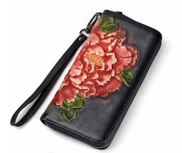 женский кошелек натуральная кожа с тиснением хризантема  корея