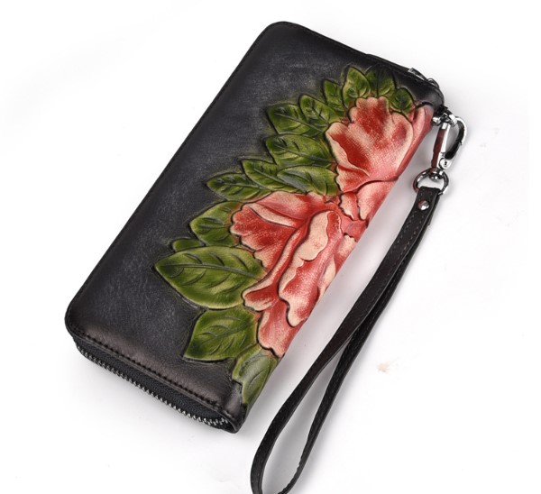 женский кошелек натуральная кожа с тиснением хризантема  корея