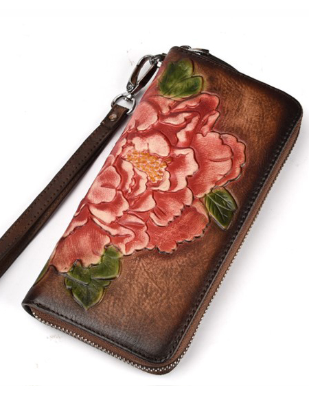 женский кошелек натуральная кожа с тиснением хризантема  корея