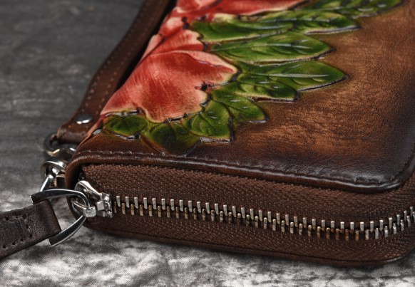 женский кошелек натуральная кожа с тиснением хризантема  корея