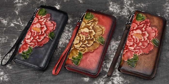 женский кошелек натуральная кожа с тиснением хризантема  корея