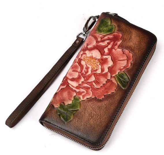 женский кошелек натуральная кожа с тиснением хризантема  корея