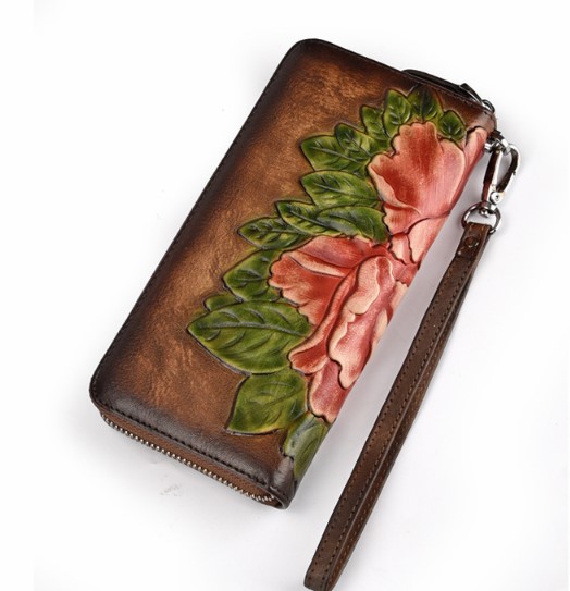 женский кошелек натуральная кожа с тиснением хризантема  корея