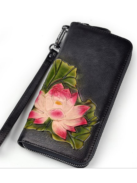 женский кошелек натуральная кожа с тиснением  лилия корея