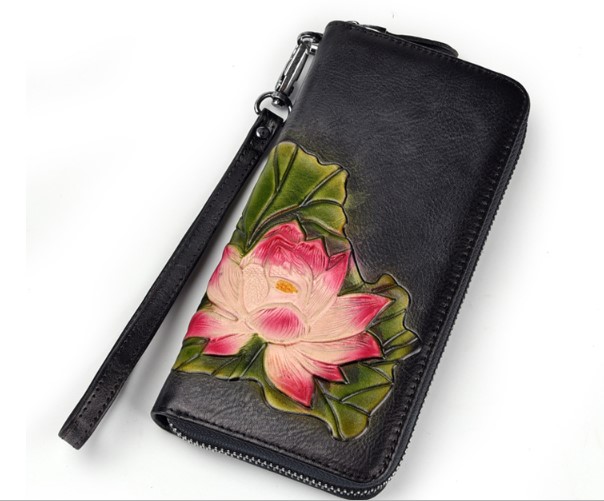 женский кошелек натуральная кожа с тиснением  лилия корея