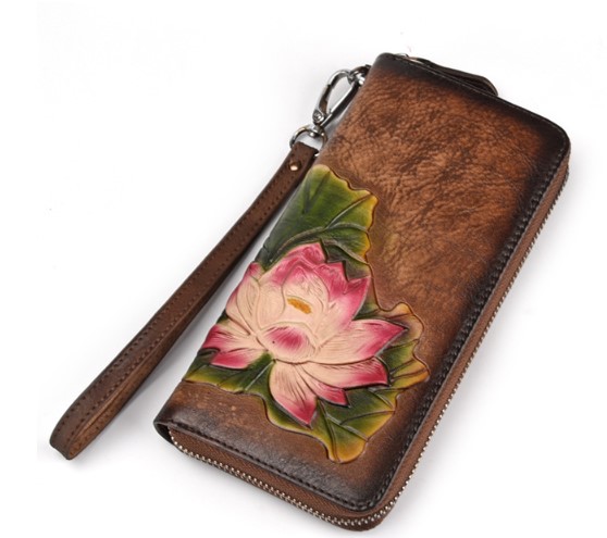 женский кошелек натуральная кожа с тиснением  лилия корея