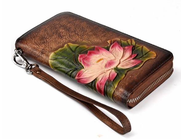 женский кошелек натуральная кожа с тиснением  лилия корея