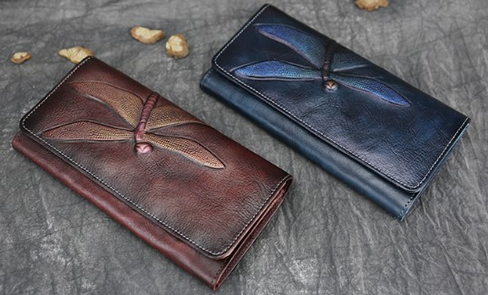 женский кошелек натуральная кожа с тиснением стрекоза корея