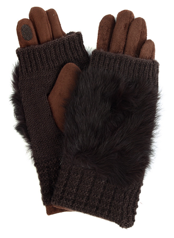 женские перчатки двойные с натуральным мехом кролик трикотаж / флис 