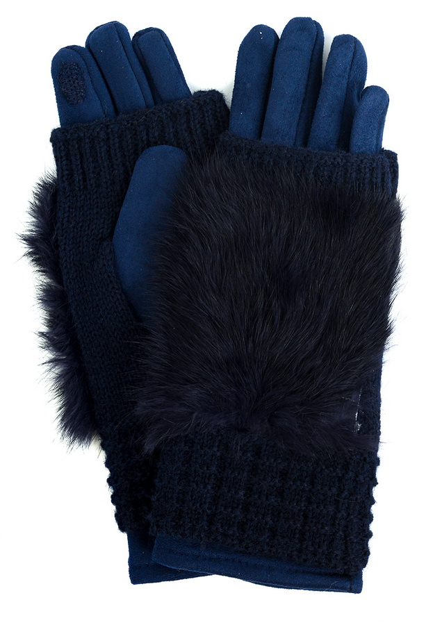 женские перчатки двойные с натуральным мехом кролик трикотаж / флис 