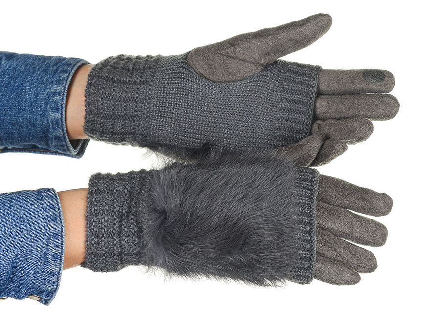 женские перчатки двойные с натуральным мехом кролик трикотаж / флис