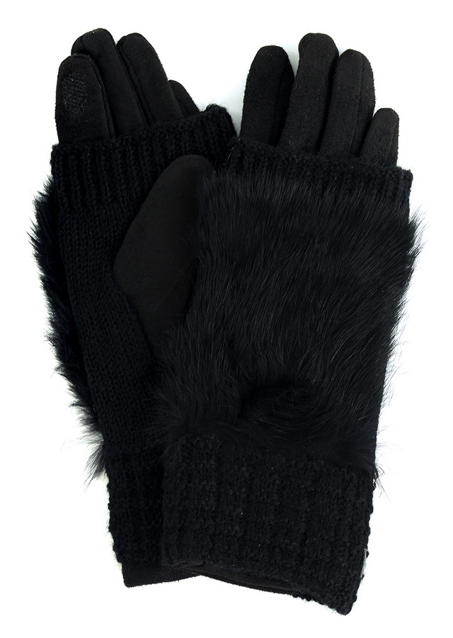 женские перчатки двойные с натуральным мехом кролик трикотаж / флис 
