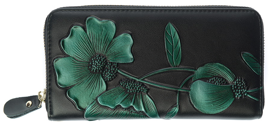 женский кошелек натуральная кожа с тиснением хризантема  корея