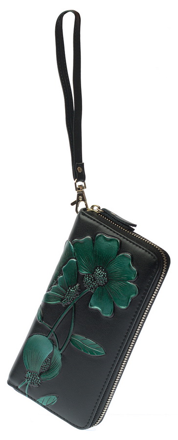 женский кошелек натуральная кожа с тиснением хризантема  корея