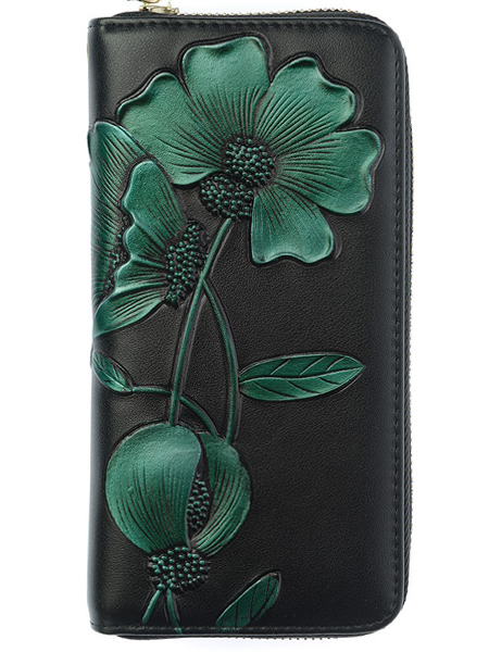 женский кошелек натуральная кожа с тиснением хризантема  корея