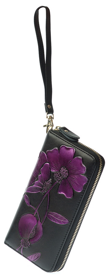 женский кошелек натуральная кожа с тиснением хризантема  корея