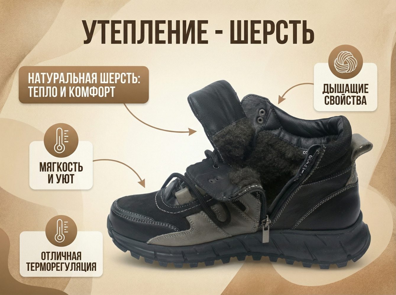 мужские кроссовки натуральная кожа / шерсть corvetto